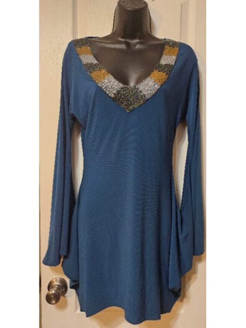 Freshine Beaded Tunic Top Medium Green Cold Shoulder Boho Glam